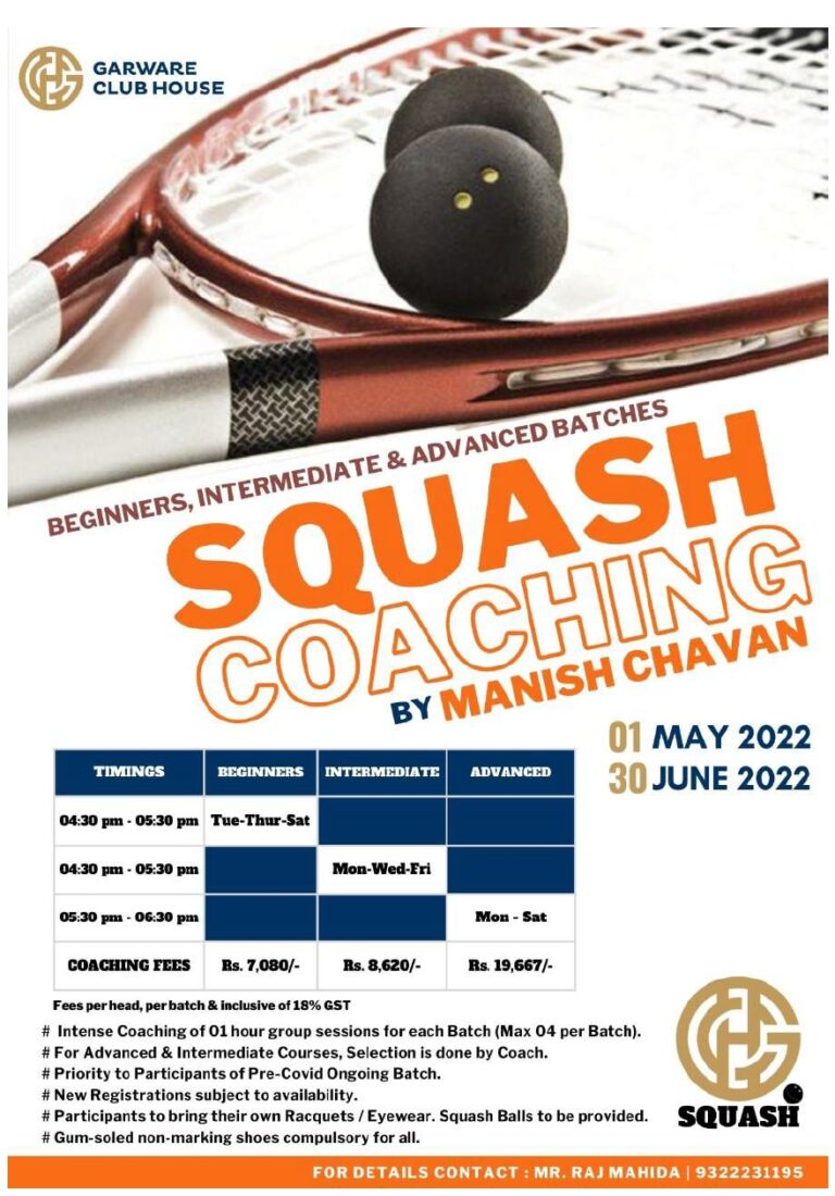Squash Coaching MayJune 2022 Batch Garware Club House